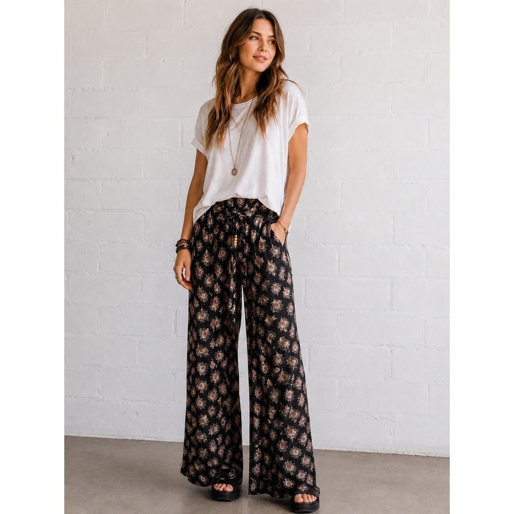 Denim & Supply Ralph Lauren M Boho Wide Leg Pants Overlay Panel Floral Festival